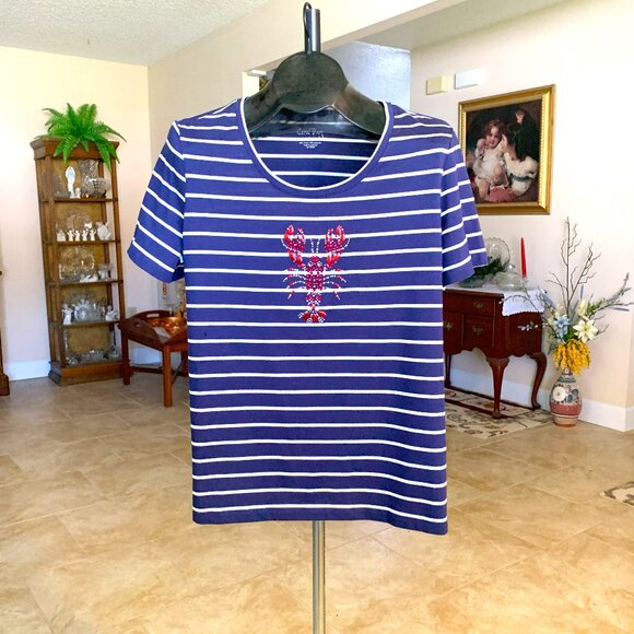 NWOT Coral Bay Embellished Navy Striped Tee with Lobster size Large - Picture 1 of 4